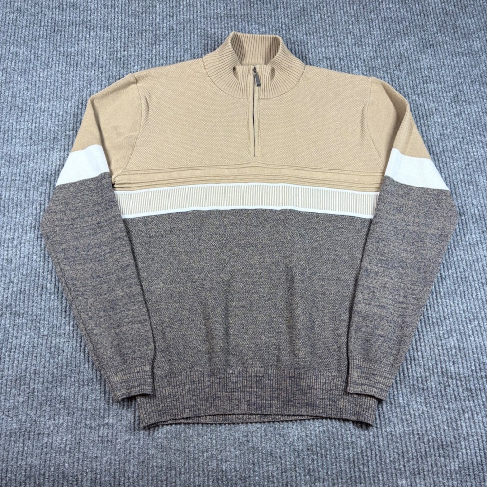 Six‎ Lincoln Pullover Mens M Quarter Zip Colorblock Sweater Tan Grey White